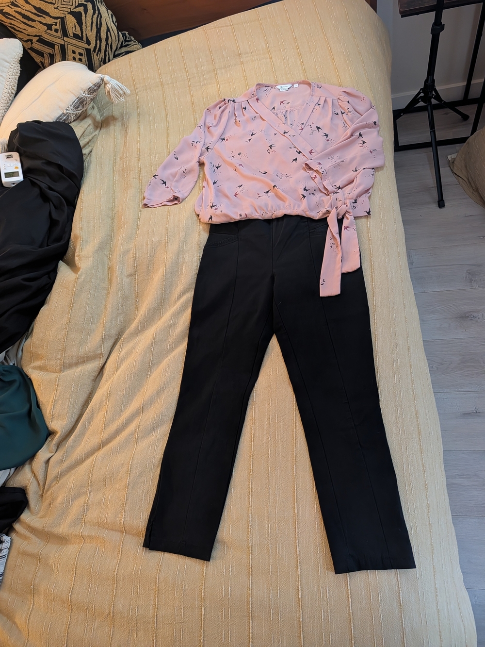 Reitmans Pink Floral Wrap Blouse and Black Pants Outfit
